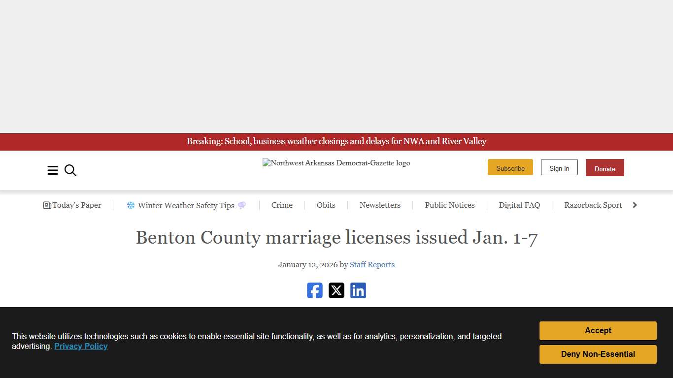 Benton County marriage licenses issued Jan. 1-7 Northwest Arkansas Democrat-Gazette